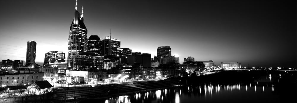 Skylines at night along Cumberland River Nashville Tennessee USA Canvas Art - Panoramic Images (13 x 36)