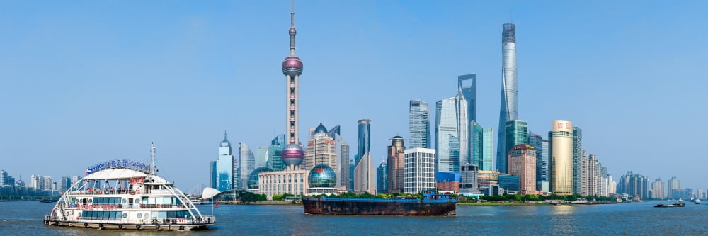 Skylines at the waterfront Oriental Pearl Tower The Bund Pudong Huangpu River Shanghai China Canvas Art - Panoramic Images (6 x 18)