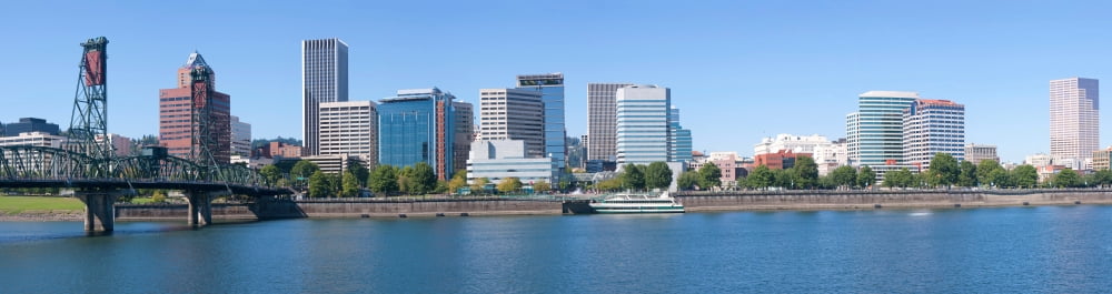 Skylines at the waterfront Portland Multnomah County Oregon USA Canvas Art - Panoramic Images (36 x 12)