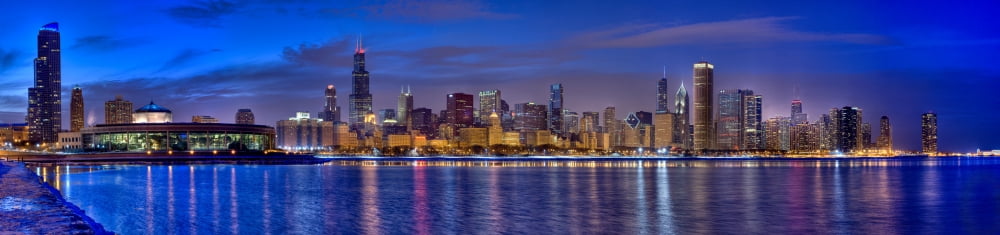 Skylines at the waterfront at dusk Chicago Cook County Illinois USA Canvas Art - Panoramic Images (5 x 20)