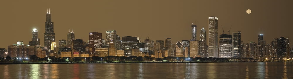 Skylines at the waterfront at night Chicago Cook County Illinois USA Canvas Art - Panoramic Images (12 x 42)