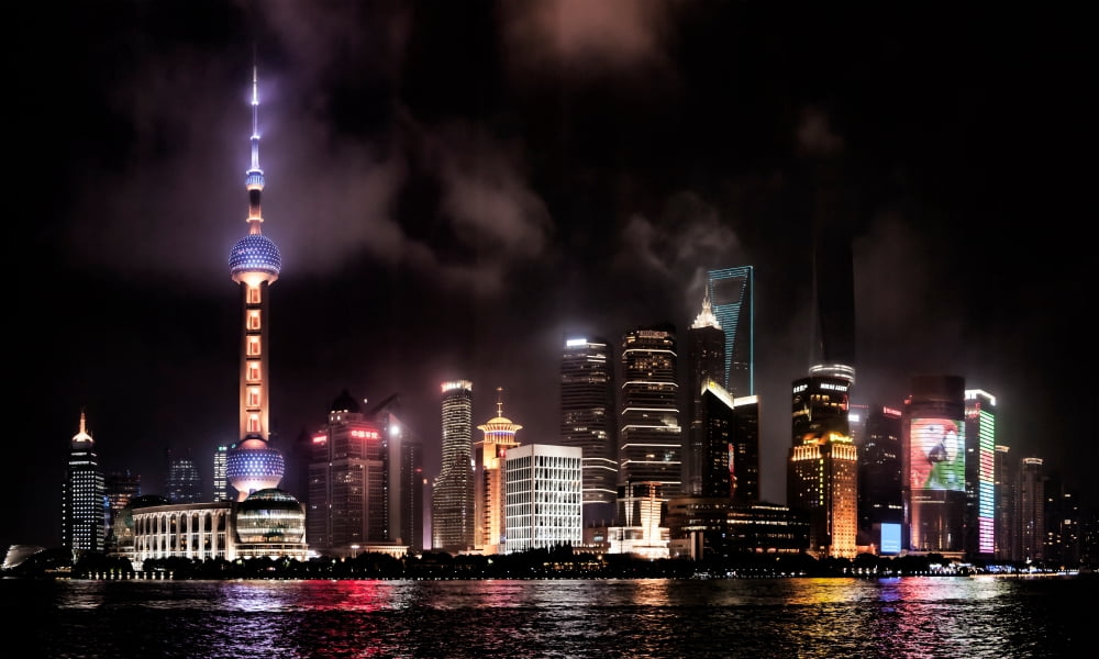Skylines lit at night Oriental Pearl Tower The Bund Pudong Huangpu River Shanghai China Canvas Art - Panoramic Images (24 x 40)