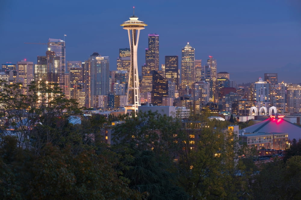 Skylines lit up at night in a city Seattle Washington State USA Canvas Art - Panoramic Images (18 x 24)