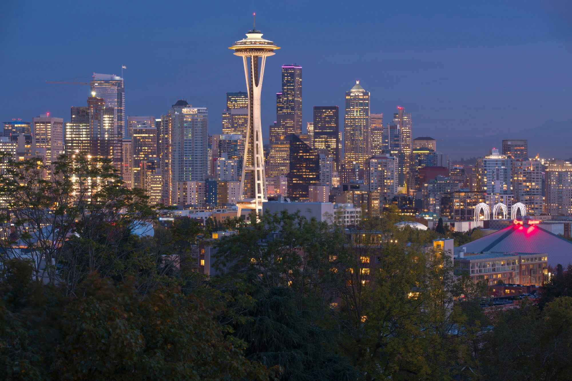 Skylines lit up at night in a city Seattle Washington State USA Canvas Art - Panoramic Images (24 x 36)