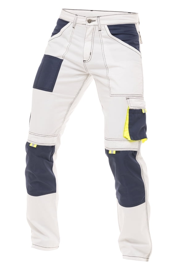 Men Construction Pants Utility Work Trousers With Built In Tool Belt & Cordura Reinforced Knee Pad Pockets White W34-L32