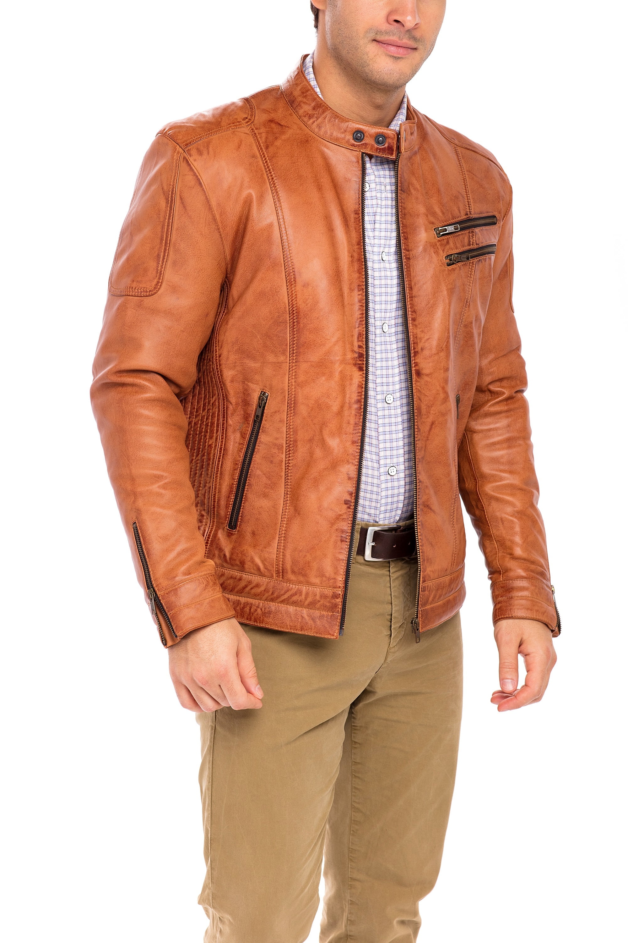 Skylinewears Men Leather Jacket Vintage Cool Jacket Leather Long Sleeve Stand Collar Club Coat Camel Size S