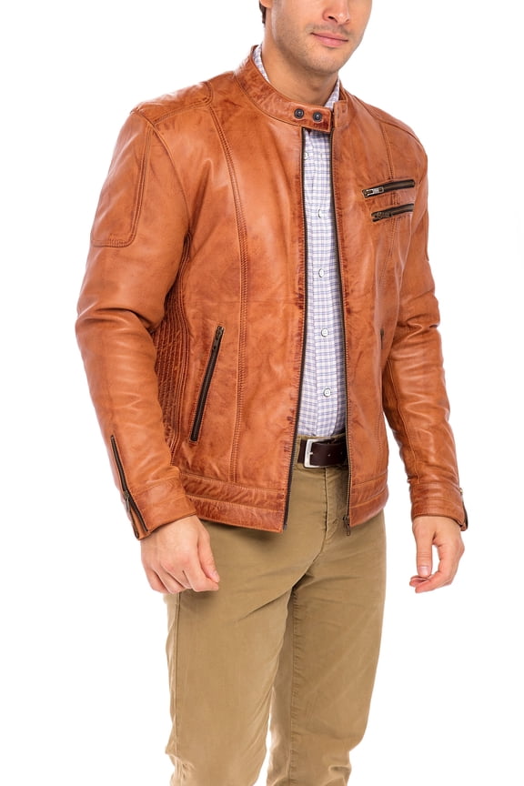 Men Leather Jacket Vintage Cool Jacket Leather Long Sleeve Stand Collar Club Coat Camel Size S