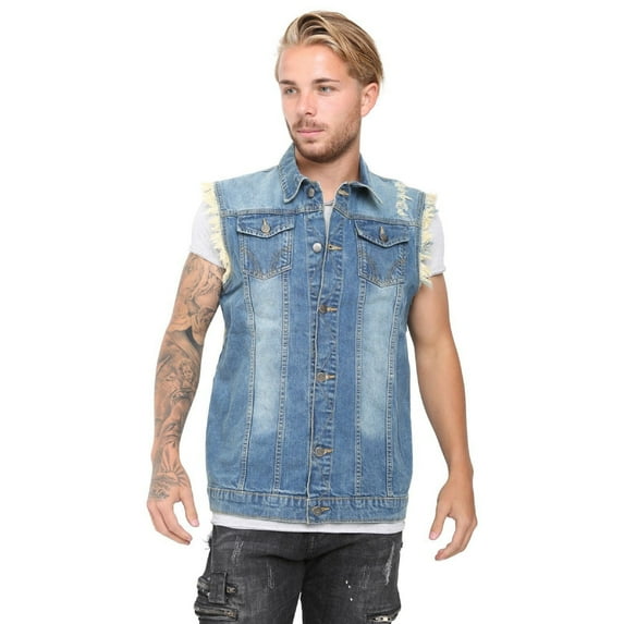 Men's Fashion Ripped Denim Vest Casual Sleeveless Biker Jean Jacket with Retro Lapel Design Mid Blue Large