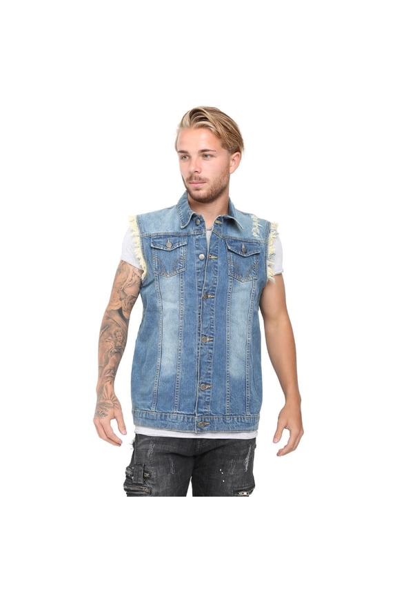 Men's Fashion Ripped Denim Vest Casual Sleeveless Biker Jean Jacket with Retro Lapel Design Mid Blue Medium