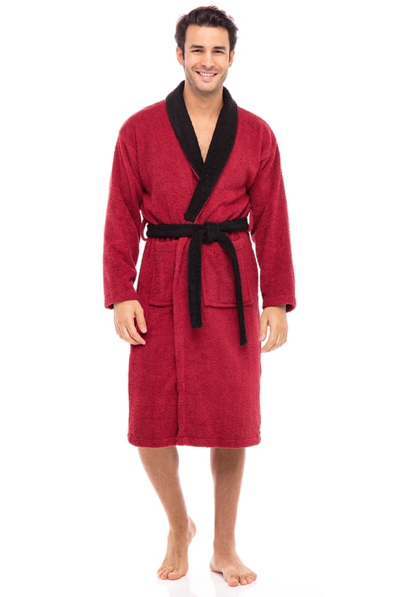 Men Terry Cotton Robe Contrast Bathrobe Shawl Collar Spa Bathrobe for Men Luxury Shower Robe Long Shawl Collar Bathrobe