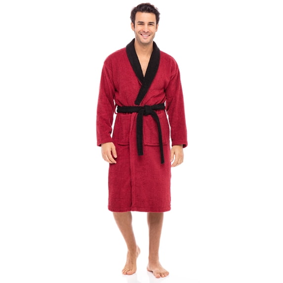 Skylinewears Men Terry Cotton Robe Contrast Bathrobe Shawl Collar Spa Bathrobe for Men Luxury Shower Robe Long Shawl Collar Bathrobe