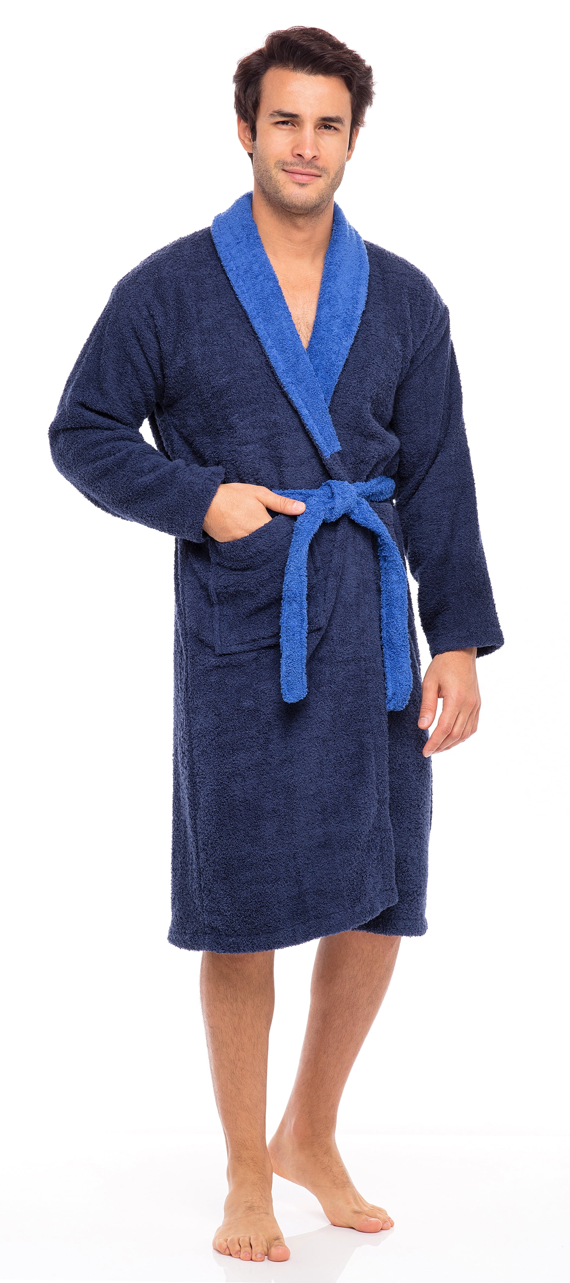 Skylinewears Men Terry Cotton Robe Contrast Bathrobe Shawl Collar Spa ...