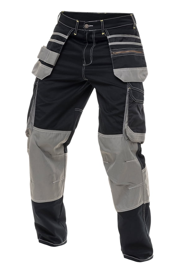 Men's Heavy Duty Cordura Carpenter Safety Work Trousers - Knee Reinforced, Holster & Cargo Pockets Pants Black W30-L30