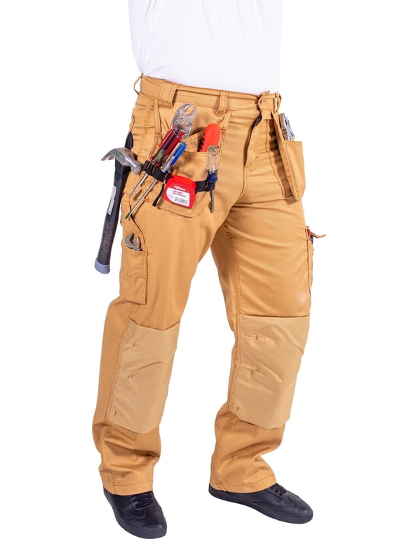 Men cargo pants Workwear Trousers Utility Work Pants with Cordura Knee Reinforcement Khaki W30-L32