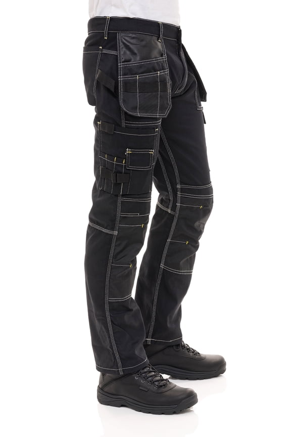 Mens Construction Pants Utility Tool Pockets Carpenter Cordura Knee Reinforced Work Wear Safety Trousers B2 Black W36-L32