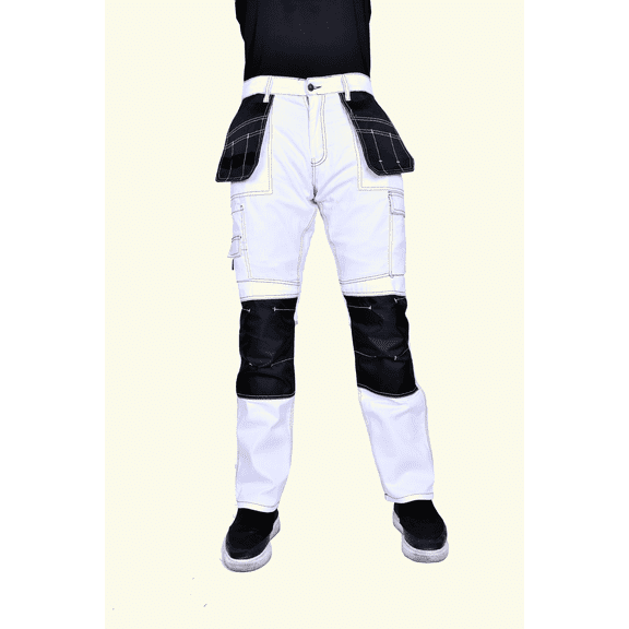 Skylinewears Mens Construction Pants Utility Tool Pockets Carpenter Cordura Knee Reinforced Work Wear Safety Trousers B2 White W32-L32