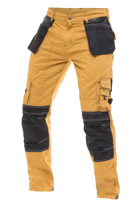 Mens Cordura Utility Tool Pockets Pants Carpenter Heavy Duty Knee Reinforced Safety Work Wear Trousers B1 Khaki W30-L30