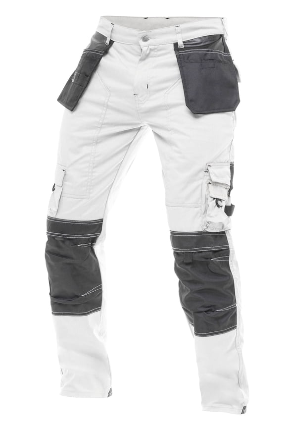 Mens Cordura Utility Tool Pockets Pants Carpenter Heavy Duty Knee Reinforced Safety Work Wear Trousers B1 White W36-L34