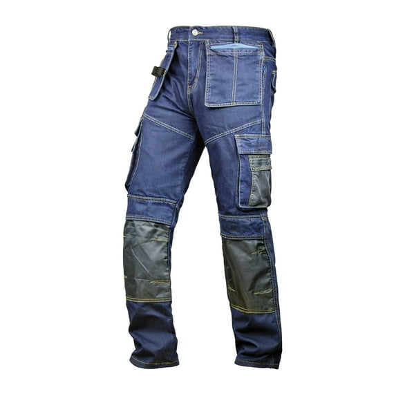 Skylinewears Mens Denim Workwear pants Cordura Knee Reinforcement Trousers Mid Blue 38-34