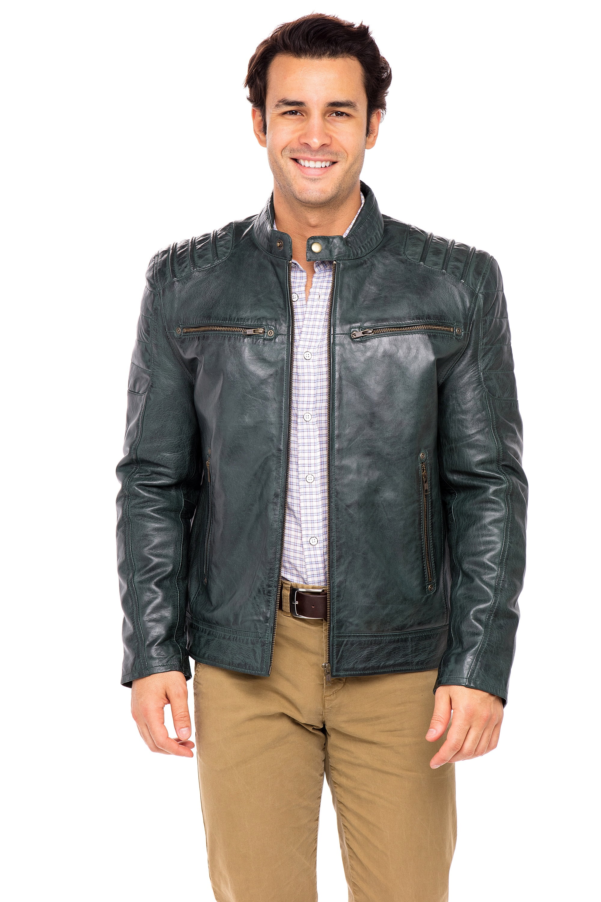 Skylinewears Mens Motorbike Leather Jacket 100% Genuine Sheepskin on Sale Green-Char Size XL