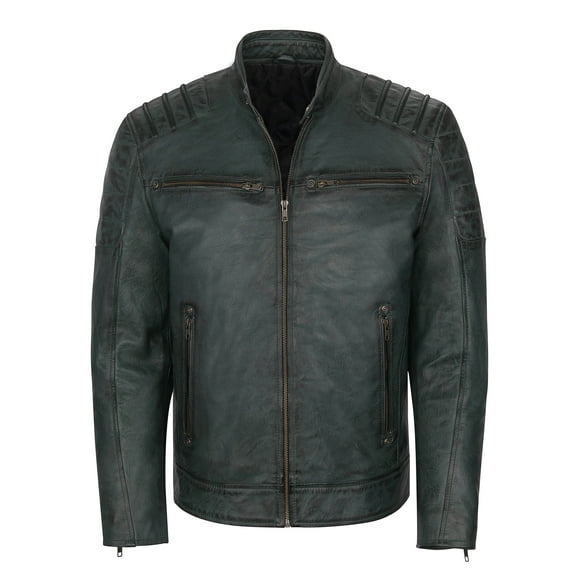 Skylinewears Mens Motorbike Leather Jacket Vintage Long Sleeve Stand Collar Real Leather Jackets Green Char