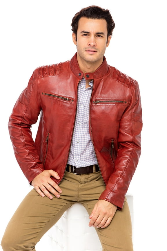 Mens Vintage Leather Jacket Stand Collar 100% Genuine Sheepskin Leather Coat Size 3XL