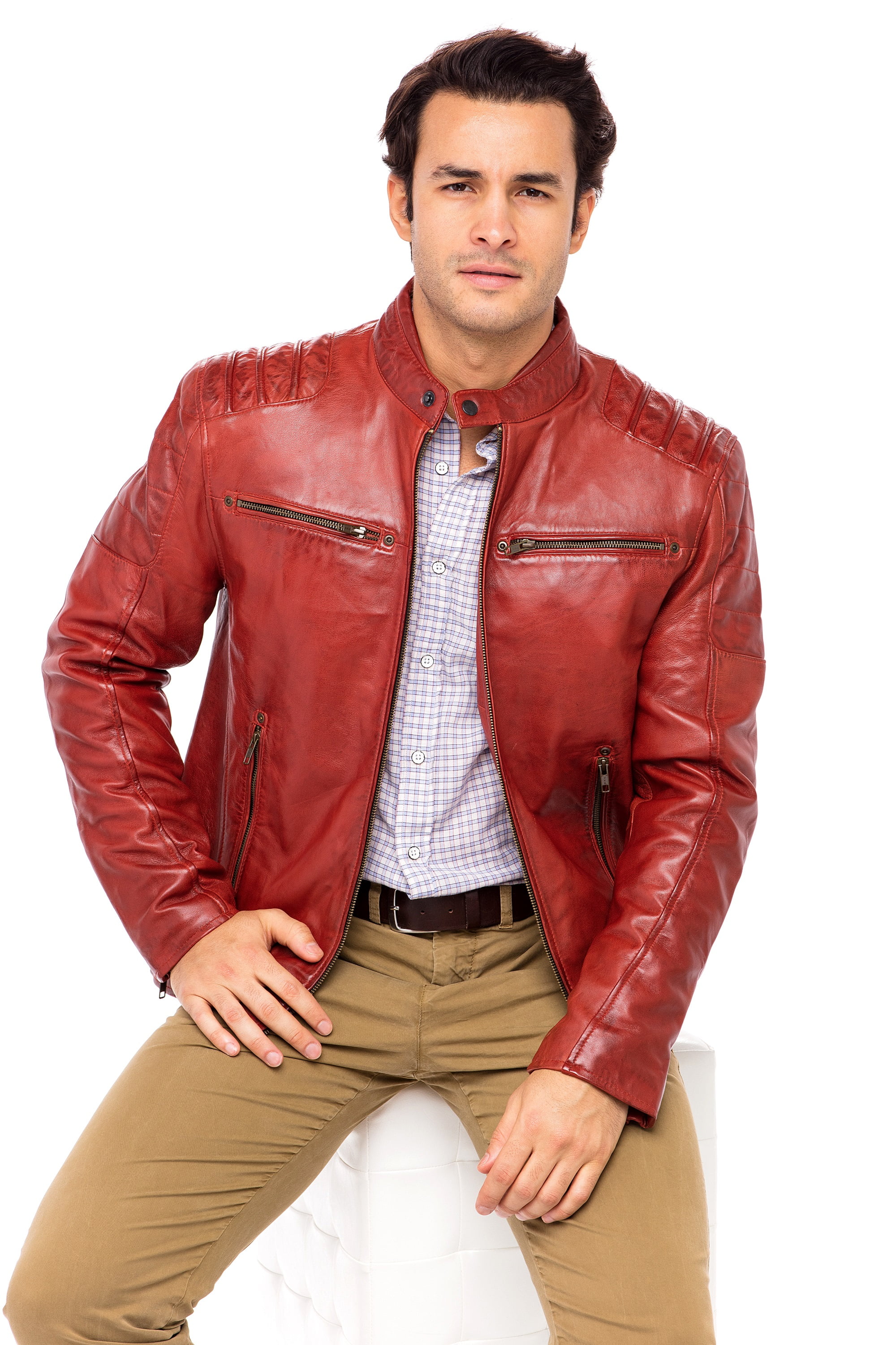 Skylinewears Mens Vintage Leather Jacket Stand Collar 100% Genuine Sheepskin Leather Coat Size M