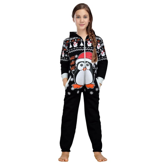 Skylinewears Unisex Kids Boys Girls Hooded Printed One Piece Pajamas Penguin Black 6