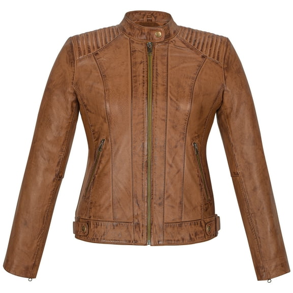 Skylinewears Women's Long Sleeve Zipper Closure Moto Biker Real Leather Female Jacket Camel Size 3XL