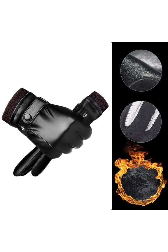 1 Pair Fleece Lining Ribbed Cuffs Adjustable Buttons Full Finger Men Gloves Winter Windproof Faux Leather Cycling Gloves