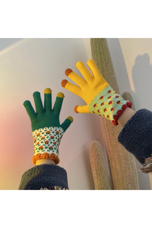 1 Pair Jacquard Pattern Patchwork Color Unisex Gloves Winter Thickened Fleece Lining Knitting Gloves