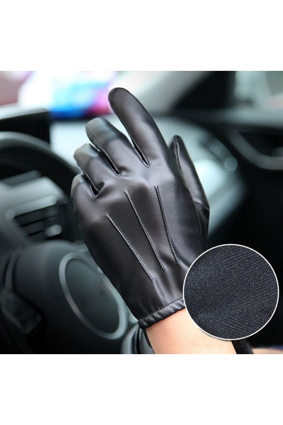 1 Pair Men Gloves Faux Leather Plush Full Fingers Winter Mittens for Outdoor