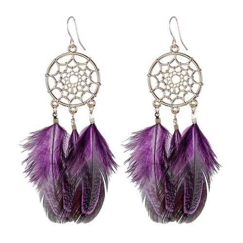Skymirror 1 Pair Retro Bohemia Women Hook Earrings Feather Tassel Round Drop Earrings Palace Style Dangle Earrings Jewelry Gift