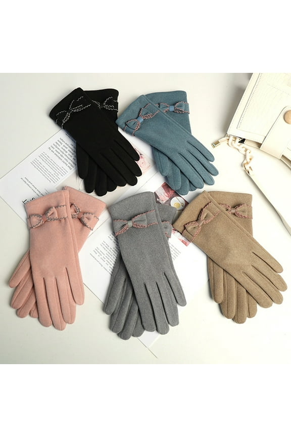 1 Pair Soft Gloves Anti-static Full Finger Cover Elegant Bow-know Plus Velvet Inside Gloves for Lady