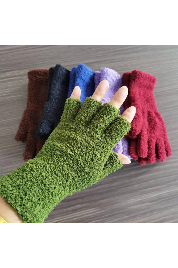 1 Pair Unisex Gloves Half-finger Thick Fleece Soft Elastic Anti-slip Warm Solid Color Cozy Windproof Extended Wrist Students Writing Office Typing Gloves