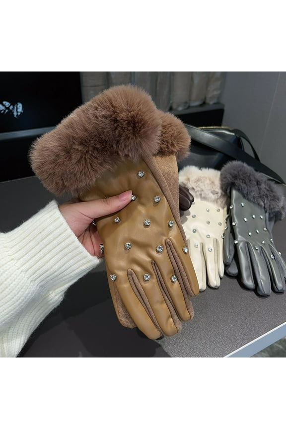 1 Pair Unisex Winter Gloves Thickened Velvet Lined Windproof Touchscreen Rhinestone Decor Anti-slip Cold Weather Prom Party Dating Gloves