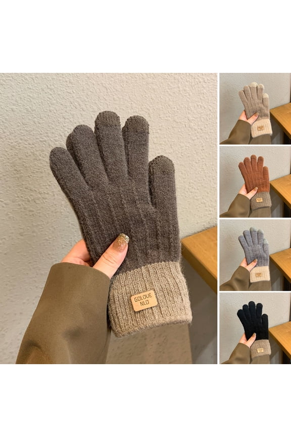 1 Pair Winter Gloves Unisex Soft Thick Plush Full Fingers Knitted Color Matching Anti slip Thickened Outdoor Cycling Gloves