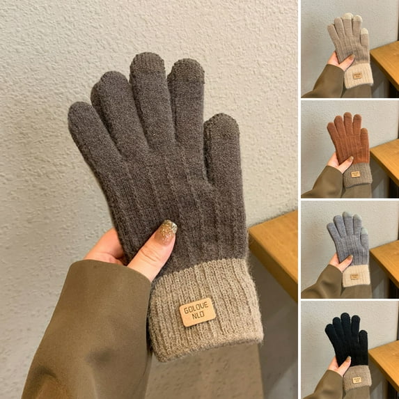 Skymirror 1 Pair Winter Gloves Unisex Soft Thick Plush Full Fingers Knitted Color Matching Anti slip Thickened Outdoor Cycling Gloves