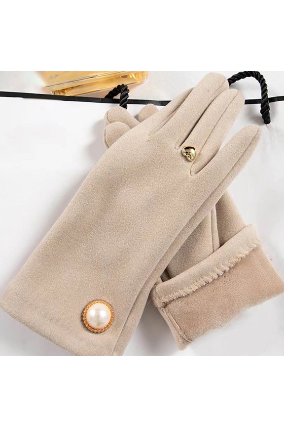 1 Pair Winter Women Gloves 2 Fingers Touchscreen Elegant Faux Pearl Button Windproof Thickened Warm Ladies Motorcycle Riding Cycling Gloves