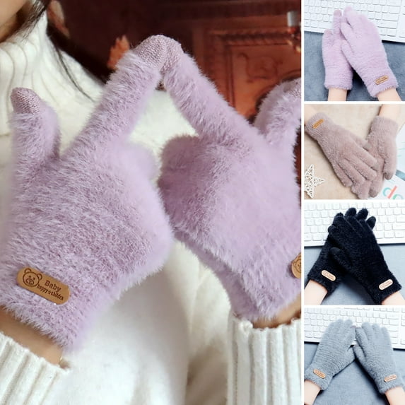 Skymirror 1 Pair Women Winter Gloves Cozy Solid Color Full Finger Plush Elastic Keep Warm Furry Thicken Lady Gloves Winter Daily Gloves