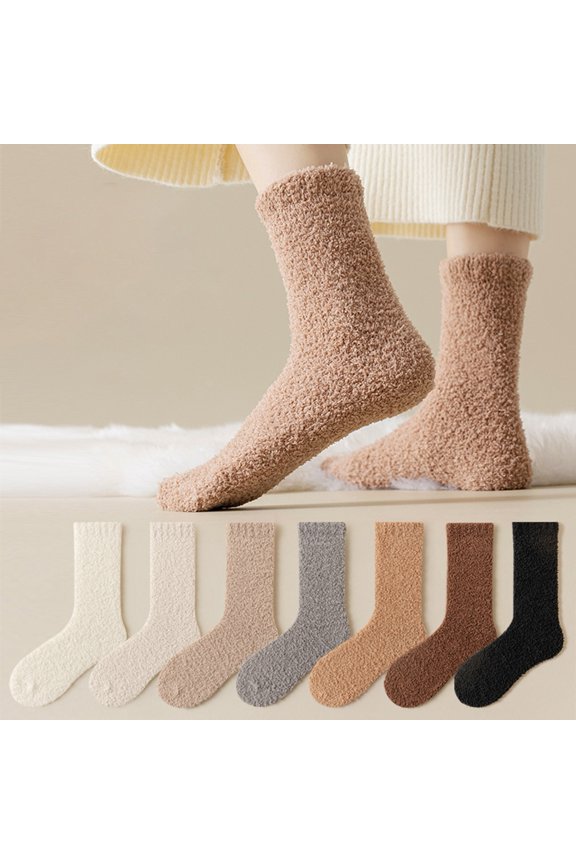 1 Pair Women Winter Socks Thickened Coral Fleece Mid-tube High Elasticity Wrapping Anti-slip Floor Socks Comfort Warmth Sleeping Socks