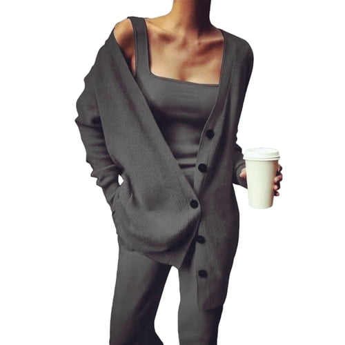 Casual 3-Piece Knit Set – Cropped Top, Cardigan & Pants
