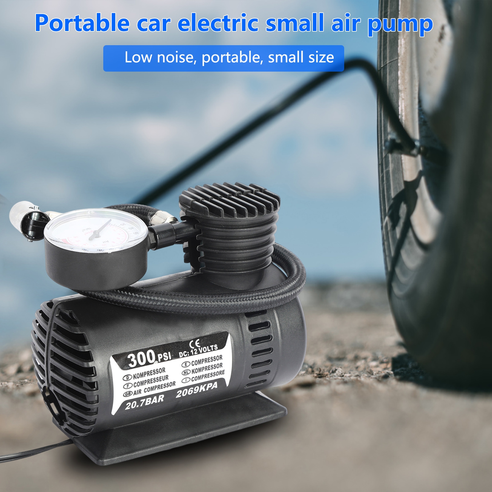 Skymirror 12V Less Than 300PSI Low Noise High Efficiency Air Compressor with Pressure Gauge Electric Tire Inflator Pump