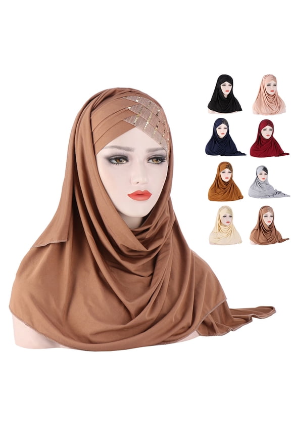 2 In 1 Elastic Band Headscarf Cap 8 Colors Forehead Cross Sequins Hair Wrap Scarf Hair Accessories