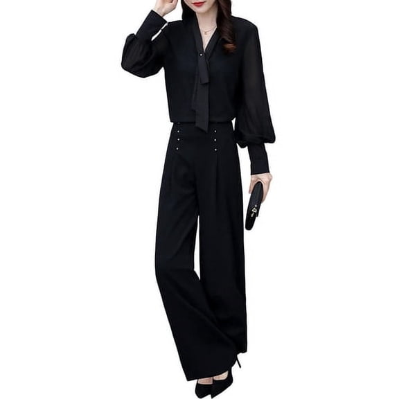 Skymirror 2 Pcs/Set OL Commuting Outfit Shirt Pants Set Pure Color V Neck Long Sleeve Blouse High Waist Wide Leg Trousers Business Office Clothes