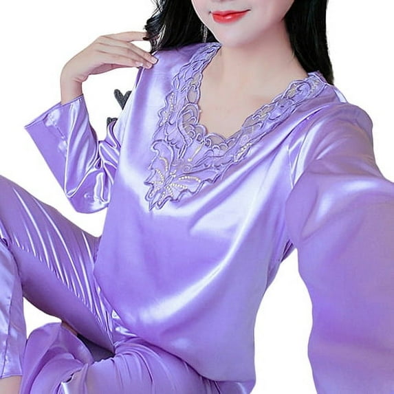 Skymirror 2 Pcs/Set Women Pajamas Set Silky Long Sleeves V Neck Solid Color Loose Sleeping Lace Plus Size Women Nightie Set for Bedroom