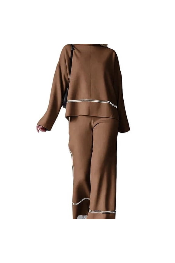 2 Pcs/Set Women Top Pants Set Round Neck Long Sleeve Solid Color Top Stretchy High Waist Wide Leg Trousers Sport Fitness Tracksuit Loose Casual Outfit