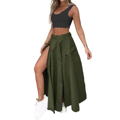 Skymirror 2 Pcs/Set Women Top Skirt Set Low-cut Sleeveless Short Top High Waist Split A-line Maxi Skirt with Belt Solid Color Streetwear Party Club Crop Top Skirt Set