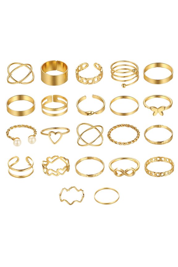 22 Pcs/Set Women Ring Set Hollow Out Faux Pearl Multi Shapes Heart Butterfly Polished Smooth Alloy Commute Stackable Knuckle Ring Finger Jewelry