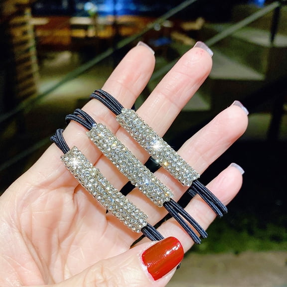 Skymirror 3Pcs Shining Rhinestones Inlaid Hair Rope Double Layer High Elastic Simple Hair Tie Girls Ponytail Holder Hair Accessories